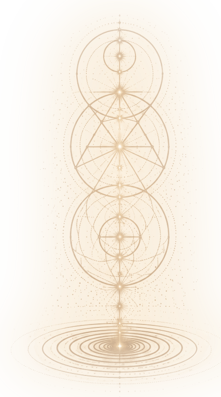 Sacred geometry illustration with interlocking circles, triangles, and concentric rings in beige