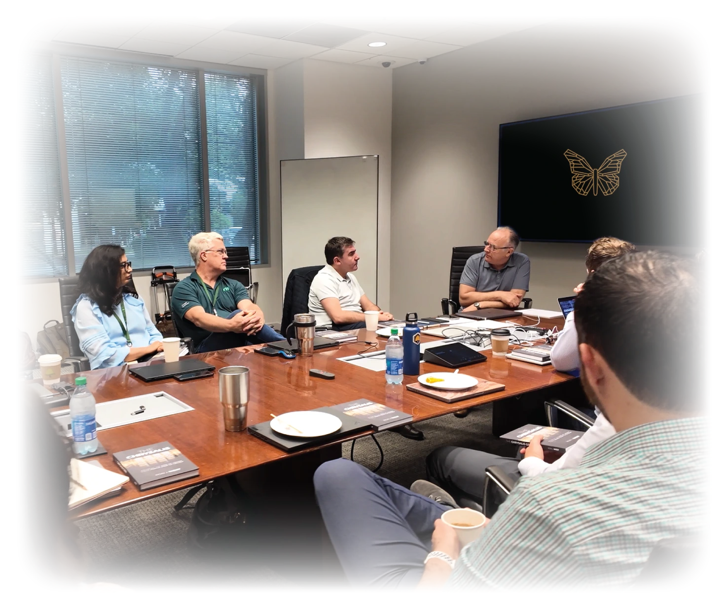 Leadership team around a boardroom table, the Chrysalis butterfly on the screen behind