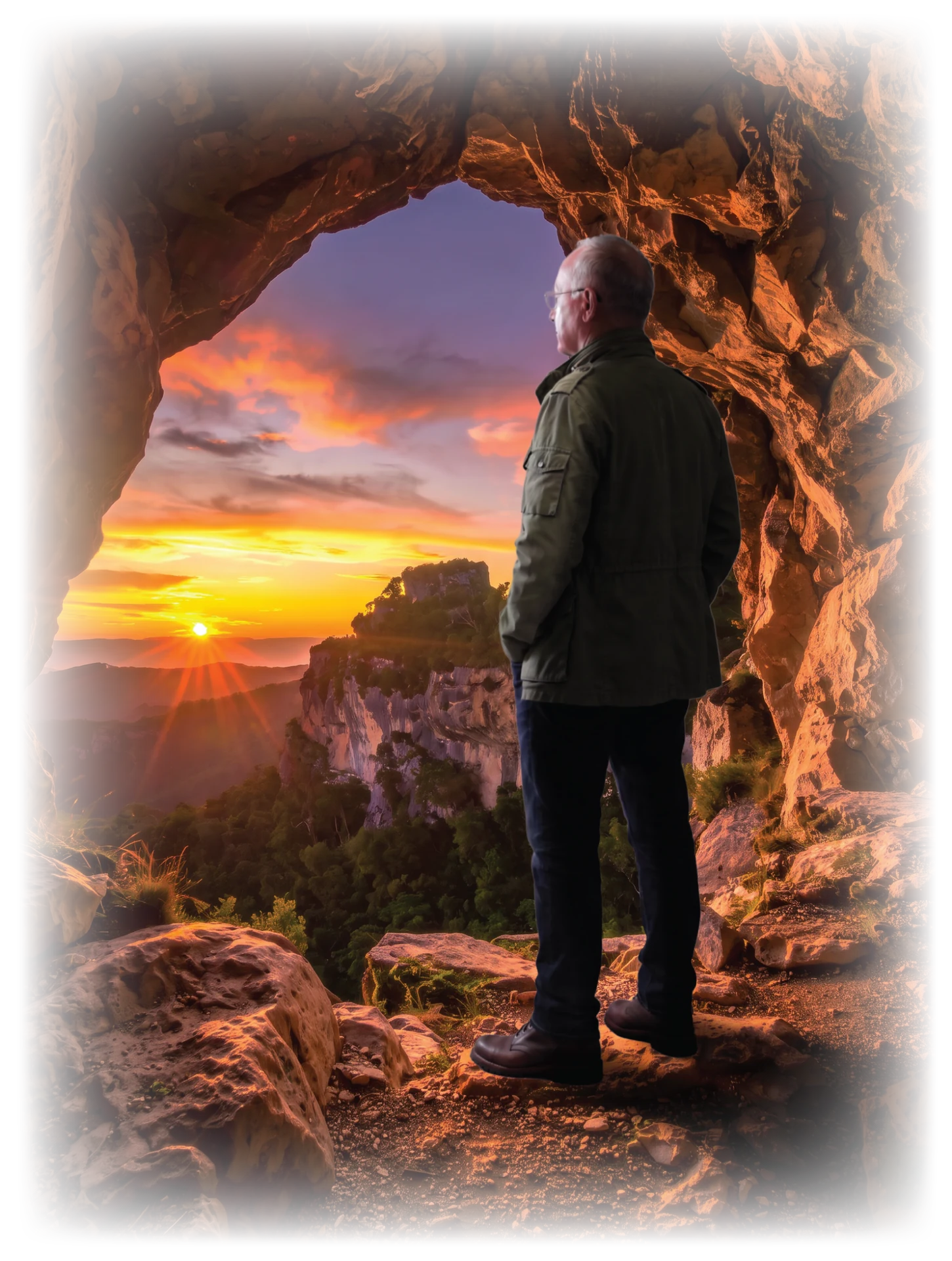 Ron J West standing at a cave mouth above a canyon at sunrise