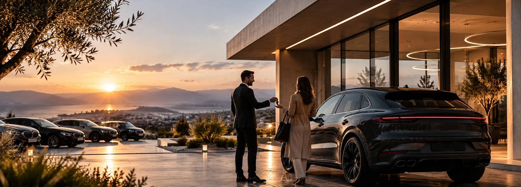 Remise des clés d'une voiture à une cliente, au coucher du soleil
