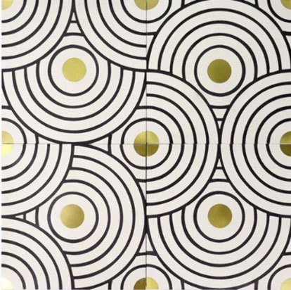 Abstract geometric pattern with concentric circles and olive green dots.