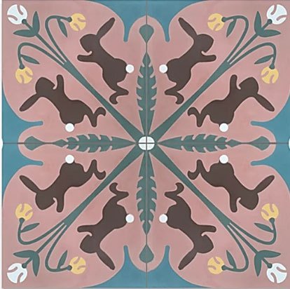 Symmetrical folk art pattern with stylized brown rabbits and yellow flowers on pink and blue background