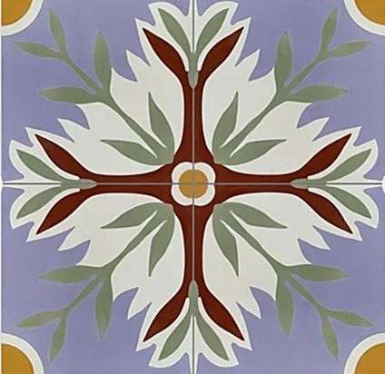 Ornate decorative tile with symmetrical floral cross and leaf pattern in brown, cream, and green