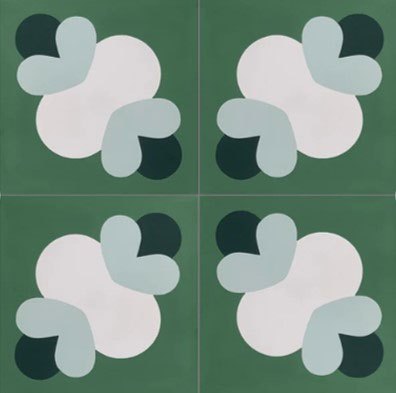Four-panel abstract geometric design with mirrored organic shapes in white, gray, and green.