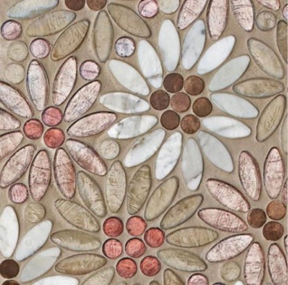 Decorative mosaic pattern with bean and circular tile designs in earth tones