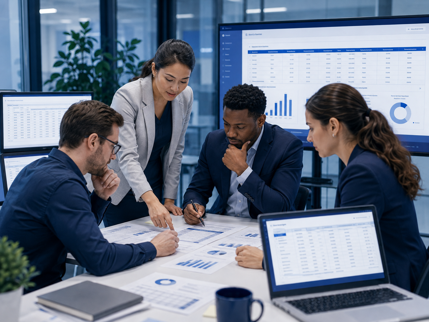 Business professionals collaborating in a modern office.