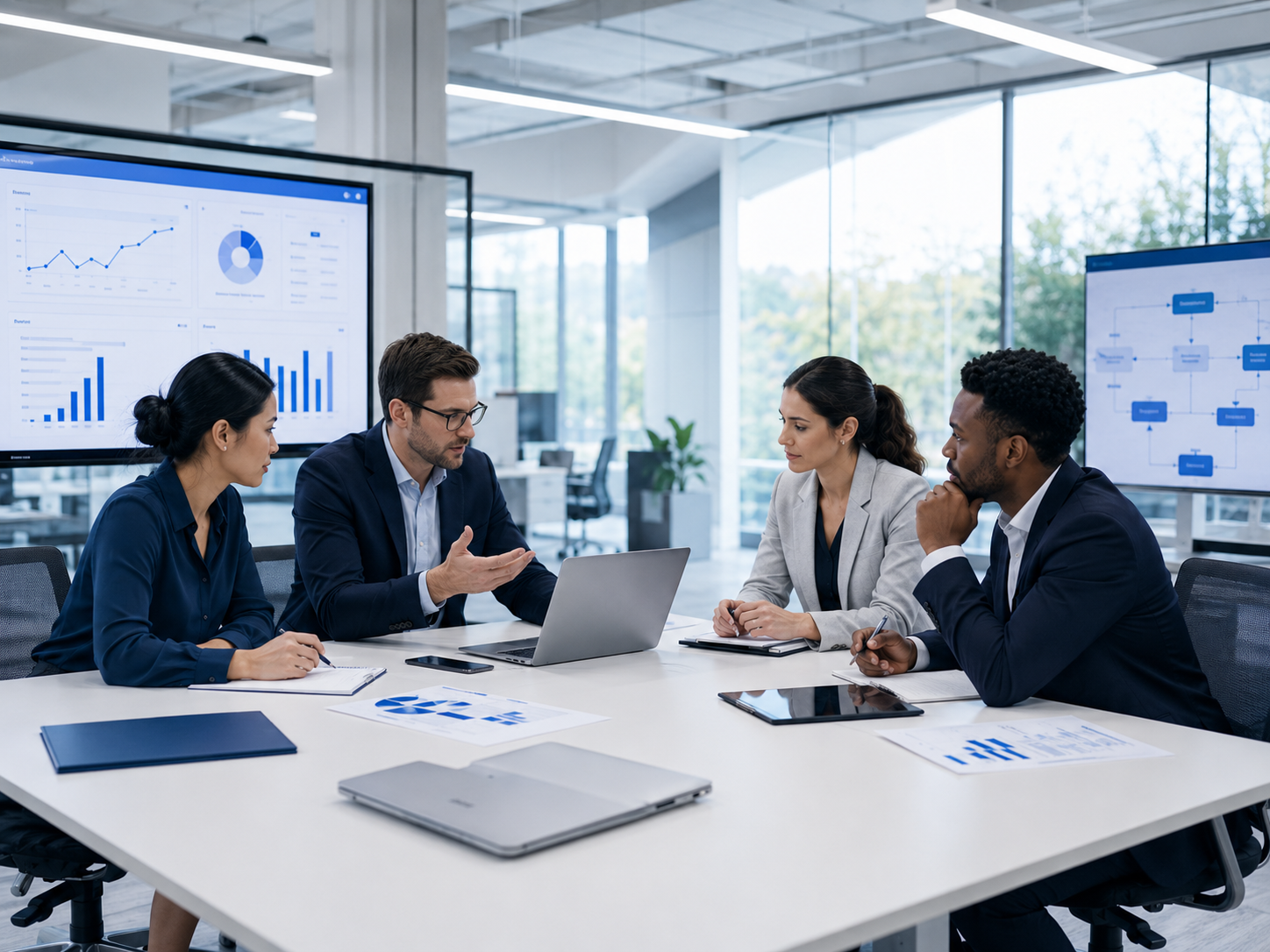 Business professionals collaborating in a modern office.