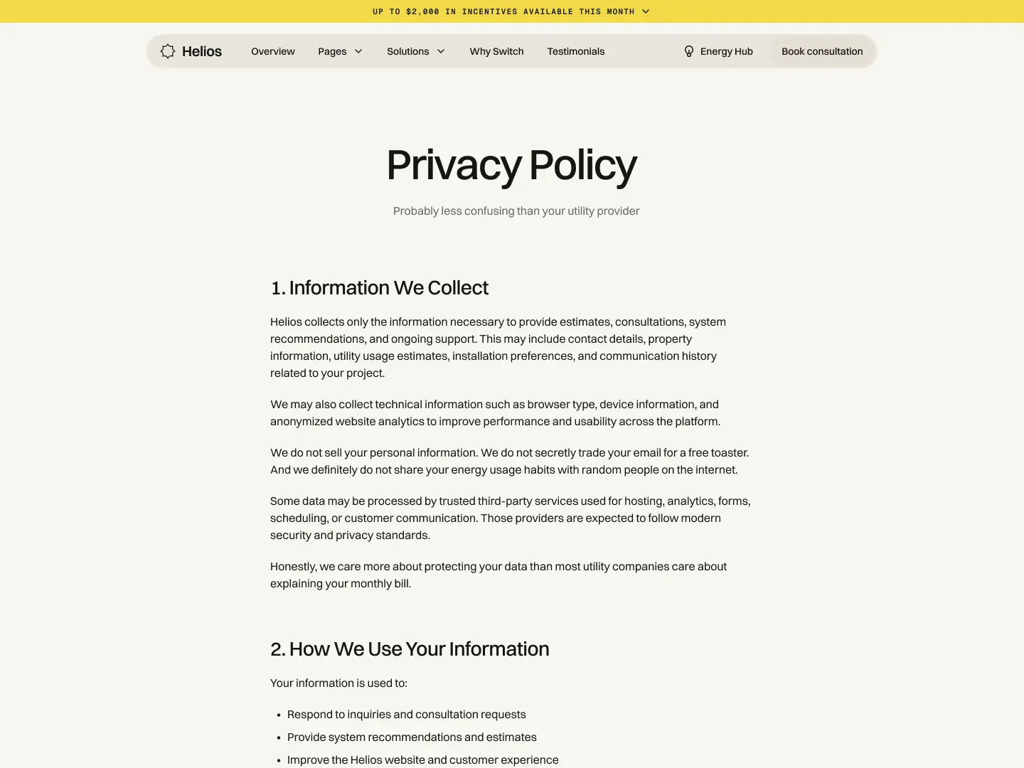 Privacy Policy page of Helios with information on data collection and usage.