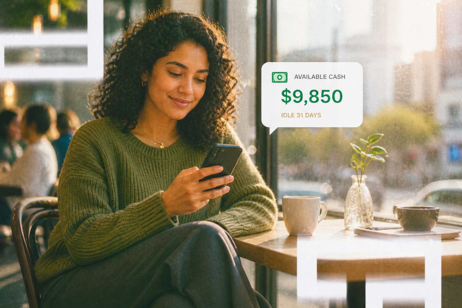 Woman at a cafe checking her phone with an available-cash measurement overlay.