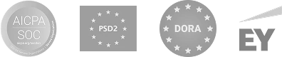 Four security certification badges: SOC 2 Type 2, PSD2, AICPA SOC, EY.