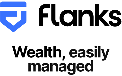 Flanks logo with a blue shield-like emblem above the word 'flanks' in black, and the tagline 'Wealth, easily managed' below in bold black text.