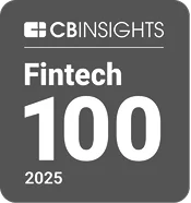 CB Insights Fintech 100 listing for 2025 in bold white text with rounded corners.