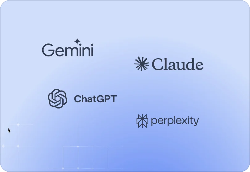 Logos of AI technologies or platforms including Gemini, Claude, ChatGPT, and Perplexity arranged with subtle star-like sparkles in the lower left corner.