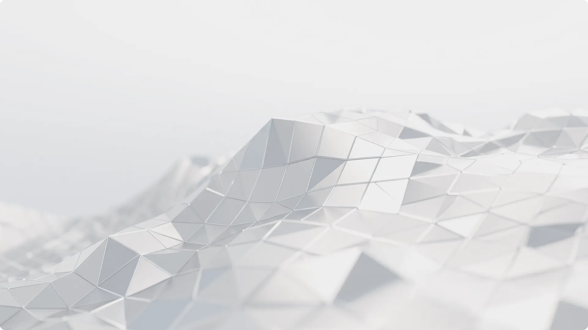 Abstract 3D landscape of white connected triangular panels forming a low-poly geometric surface with peaks and valleys.