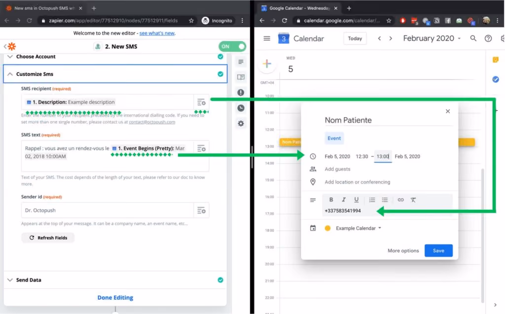 Zapp Octopush with Google Calendar for Appointments