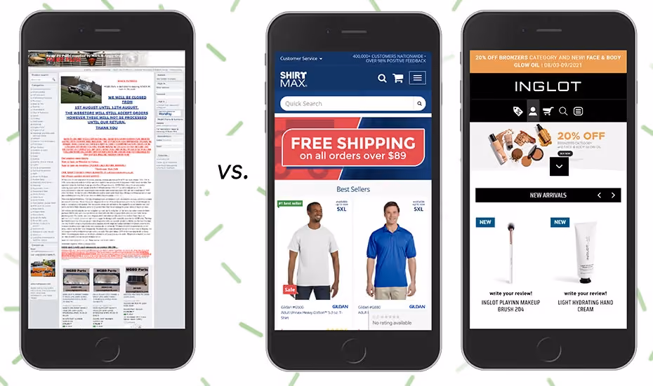 Example of one landing page with a column layout that doesn't adapt to mobile vs. two pages adapted to mobile device