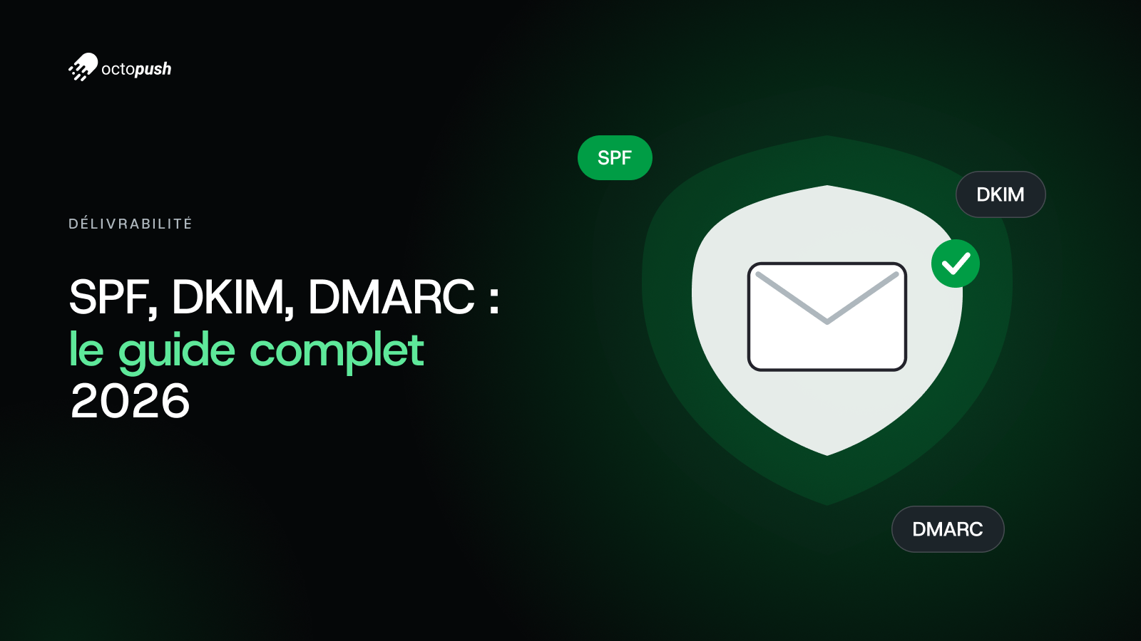 Bouclier protégeant une enveloppe, étiquettes SPF, DKIM et DMARC