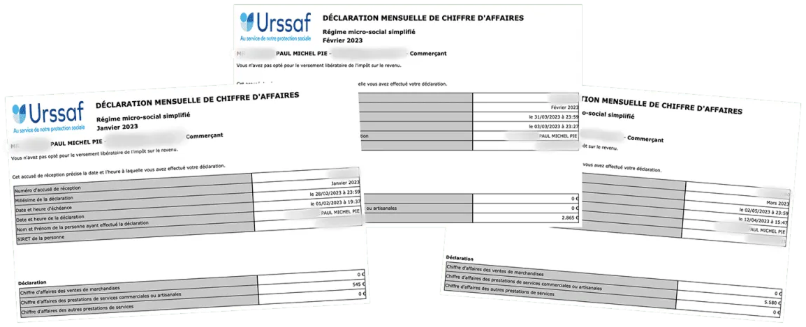 Trois documents de déclaration mensuelle de chiffre d'affaires Urssaf pour régime micro-social simplifié avec noms et dates de janvier, février et mars 2023, présentant les chiffres d'affaires de ventes de marchandises et de services.