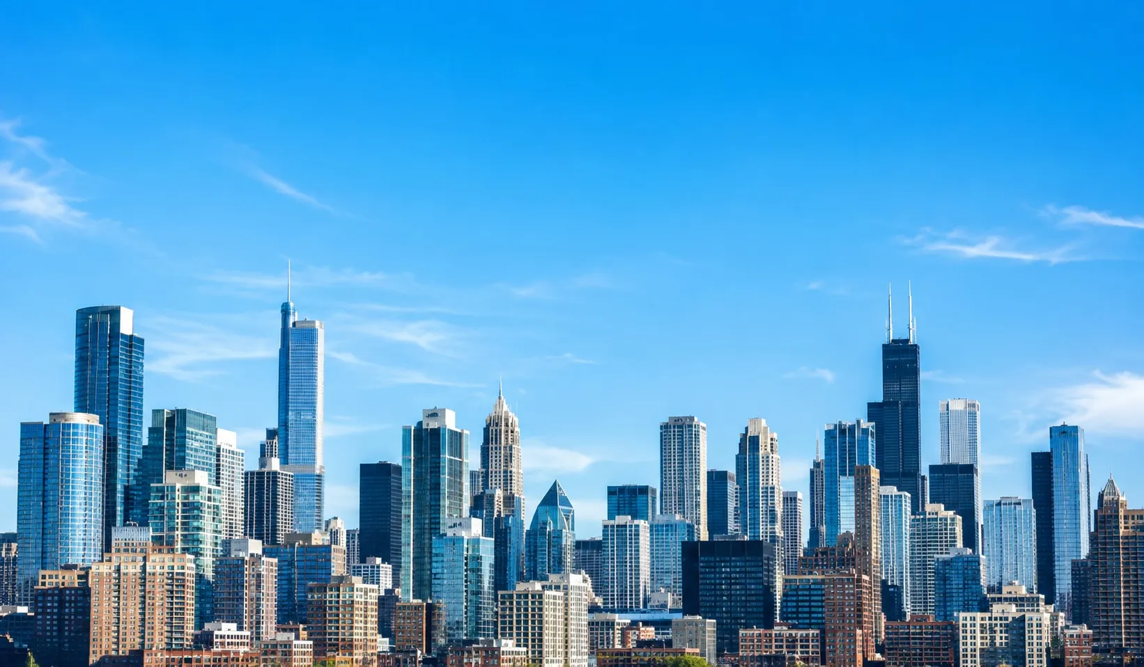 City skyline of office towers under a clear blue sky