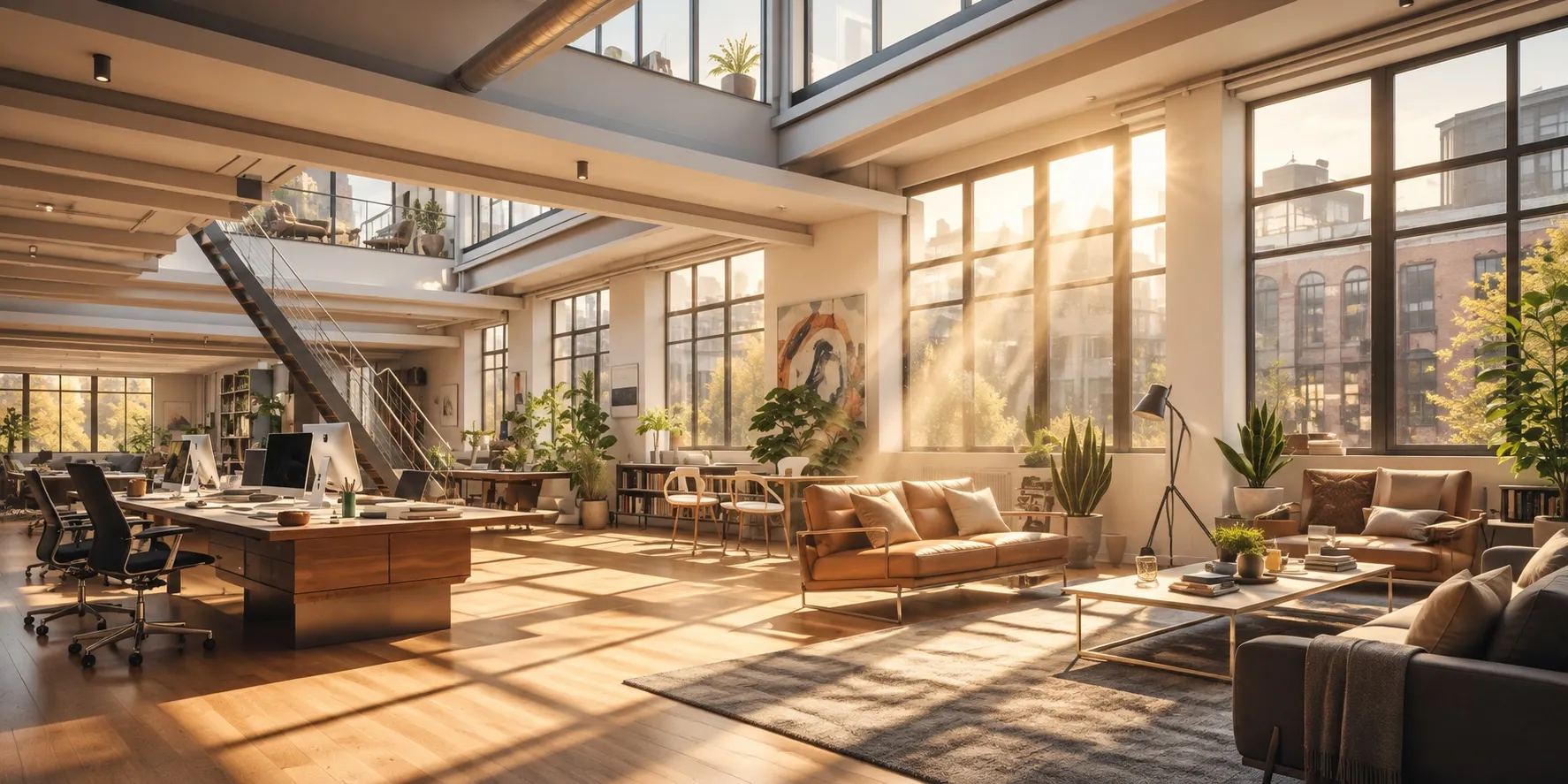 Sunlit open-plan office interior with large windows, plants, and lounge seating