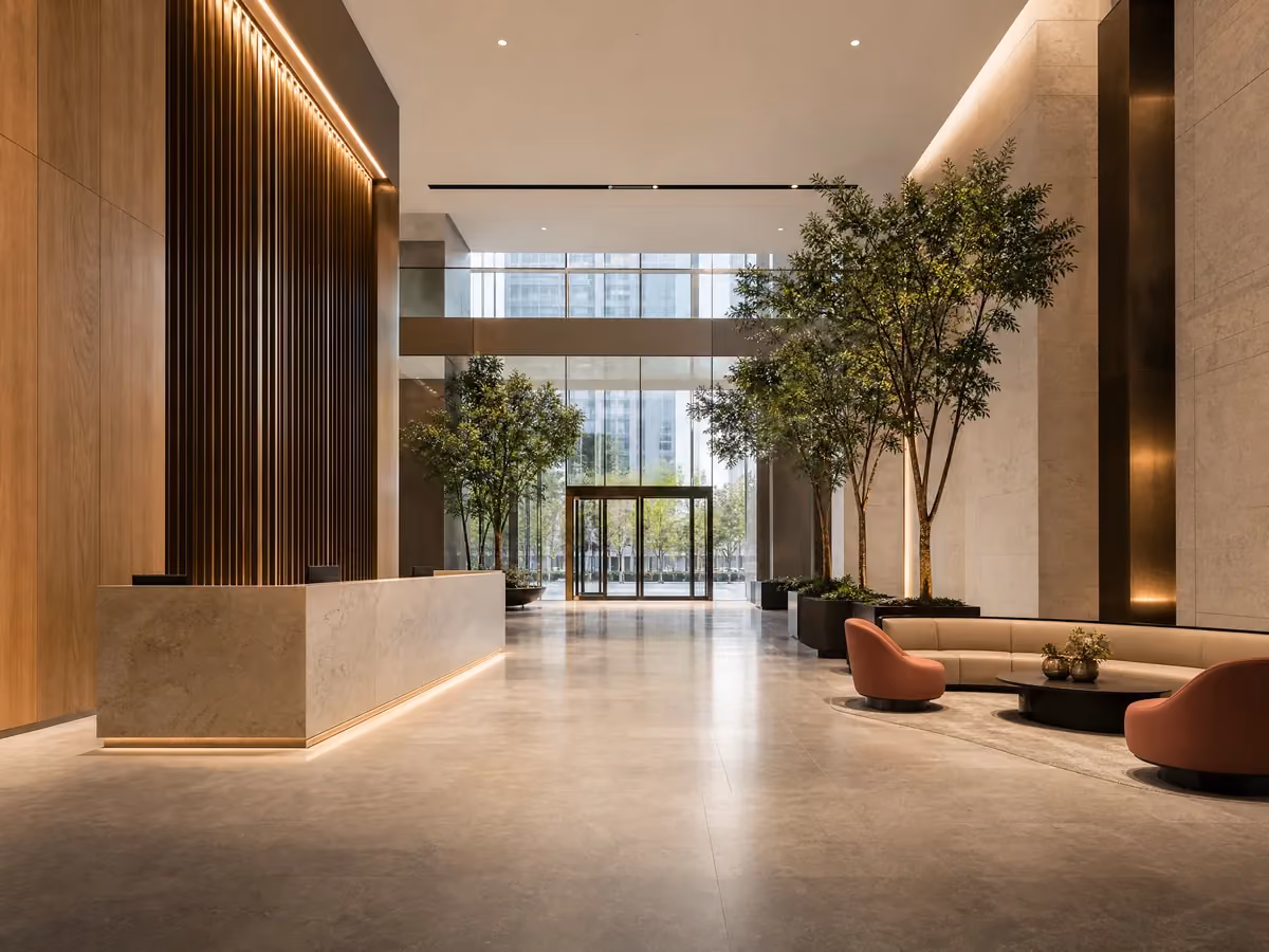 Hotel-style lobby entrance in a commercial office building