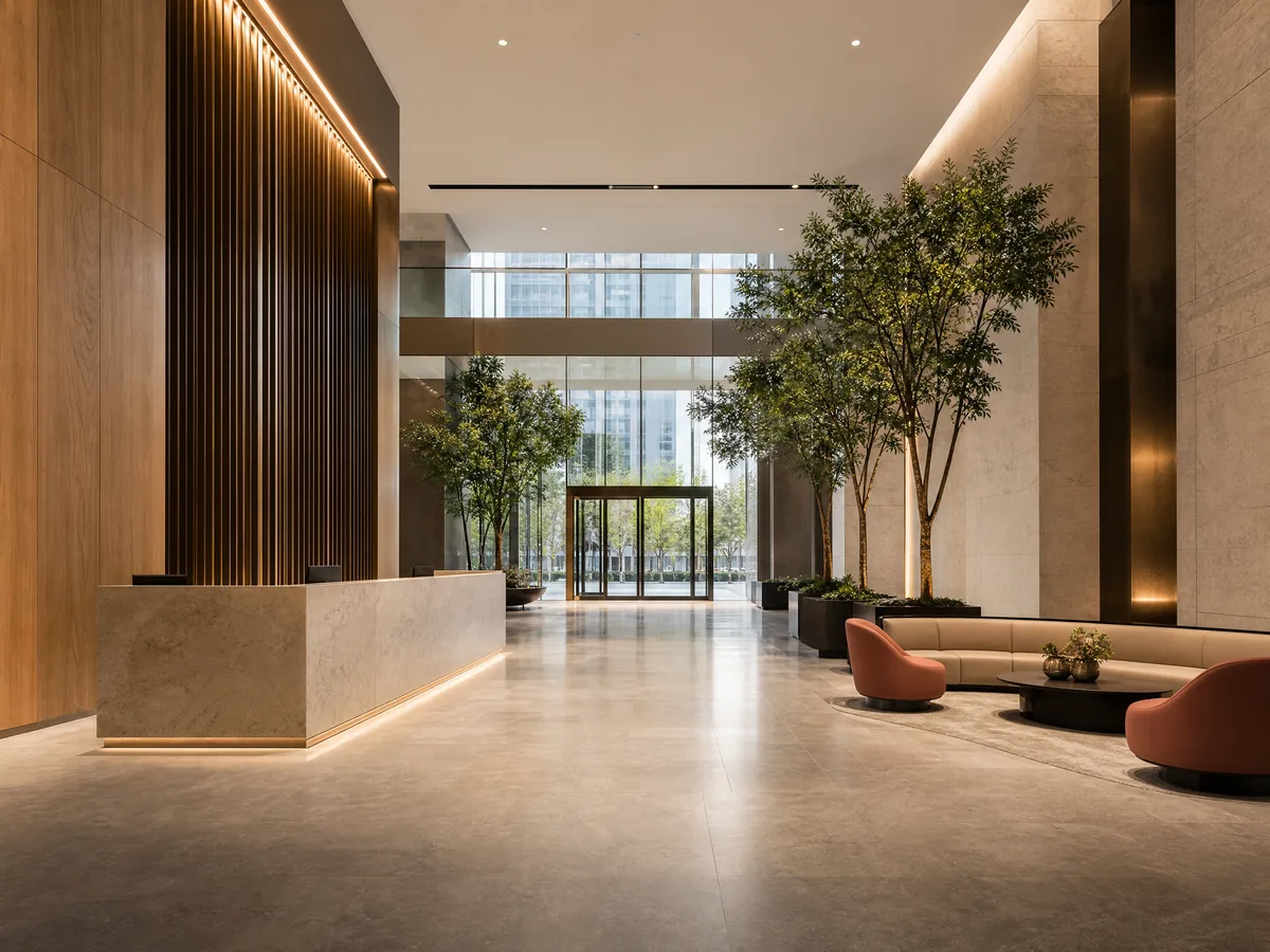 Hotel-style lobby entrance in a commercial office building