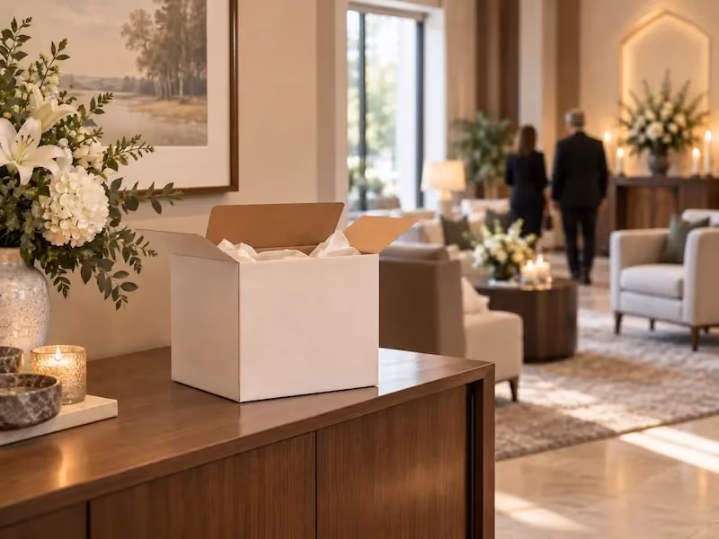 An open Aroma Impressions trial kit on a console table in a funeral home lobby.