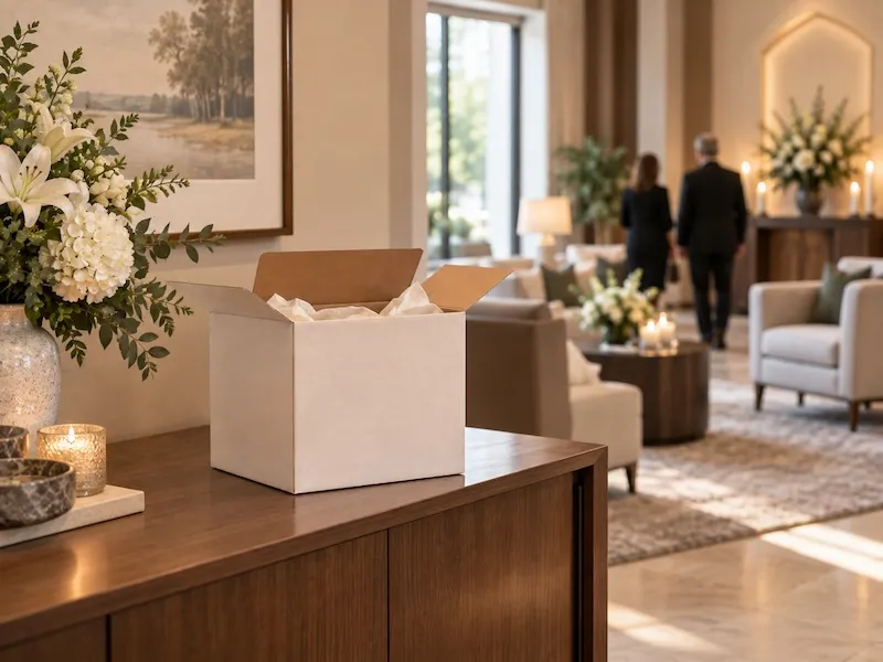 An open Aroma Impressions trial kit on a console table in a funeral home lobby.