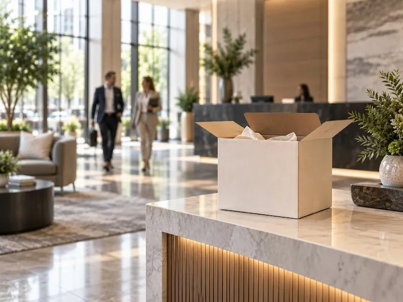 An open Aroma Impressions trial kit on the reception counter of a commercial office lobby.
