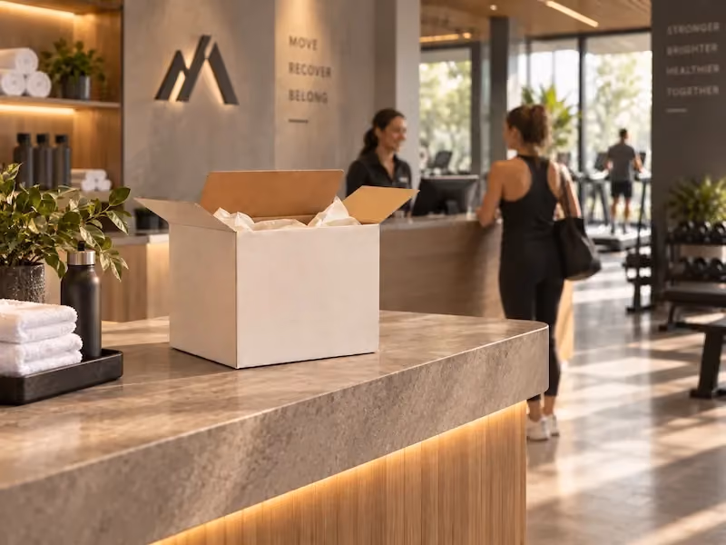 An open Aroma Impressions trial kit on the front desk of a fitness club.