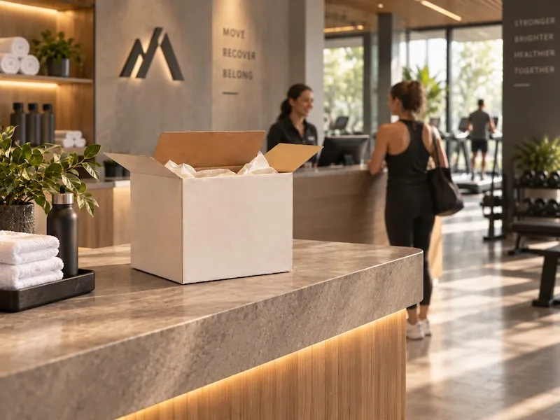 An open Aroma Impressions trial kit on the front desk of a fitness club.