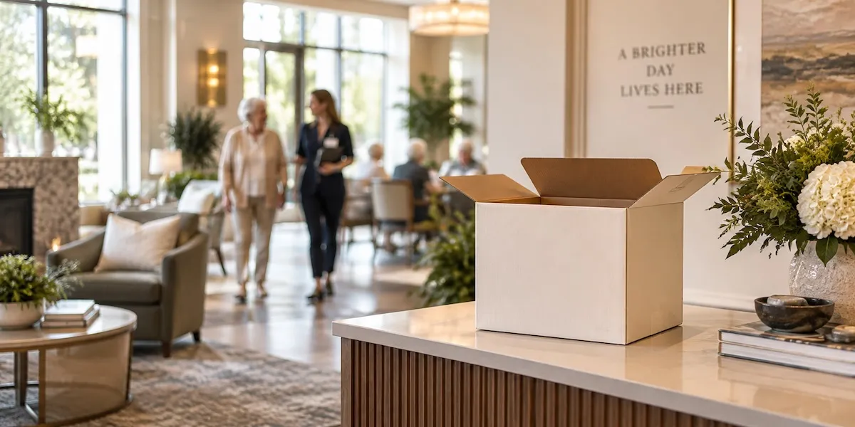 An open Aroma Impressions trial kit on the front desk of a senior living community lobby.