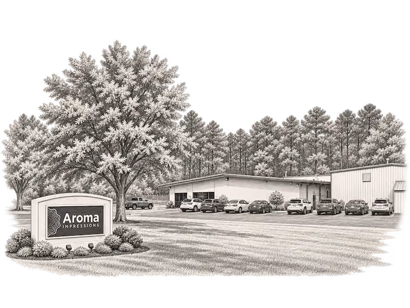 Illustration of the Aroma Impressions headquarters and monument sign