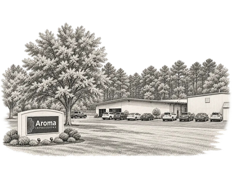 Illustration of the Aroma Impressions headquarters and monument sign