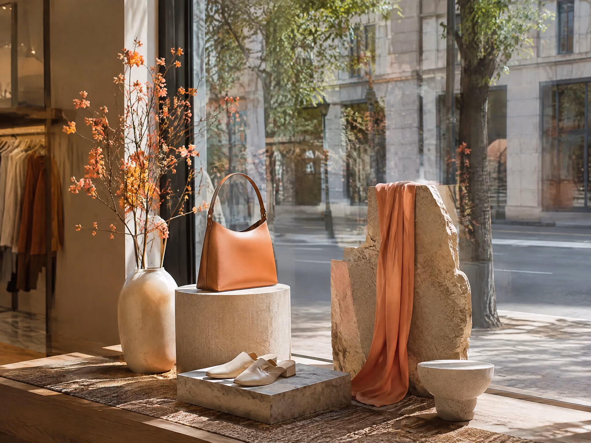 Retail window display seen from inside the store