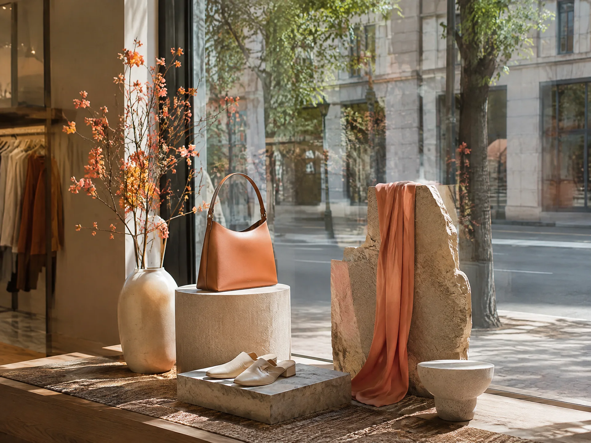 Retail window display seen from inside the store