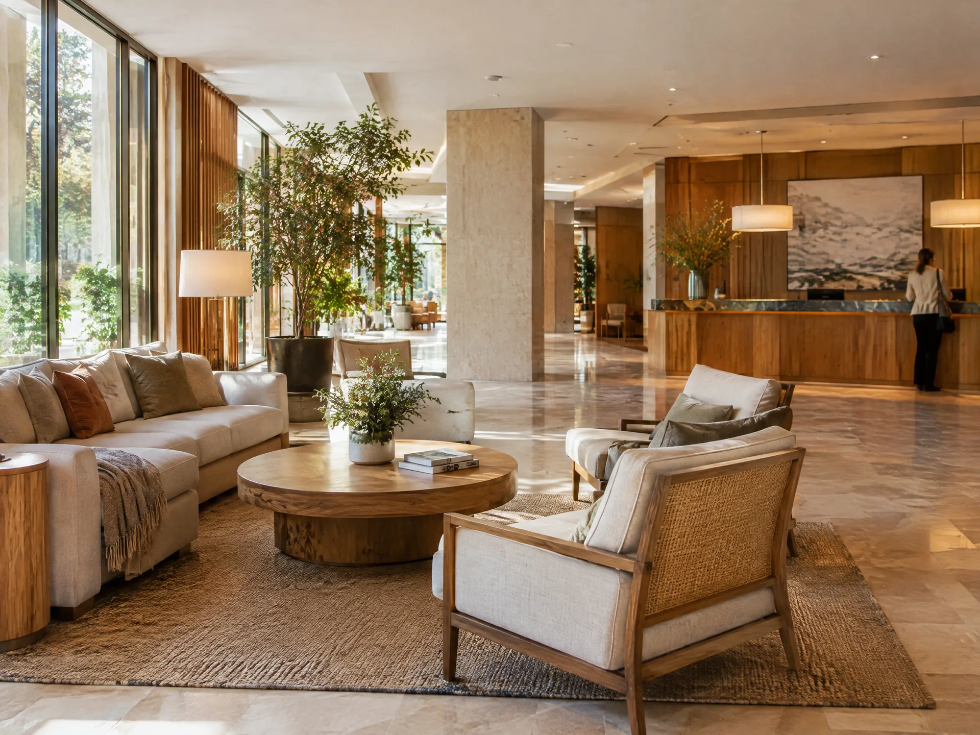 Hotel lobby seating and reception desk