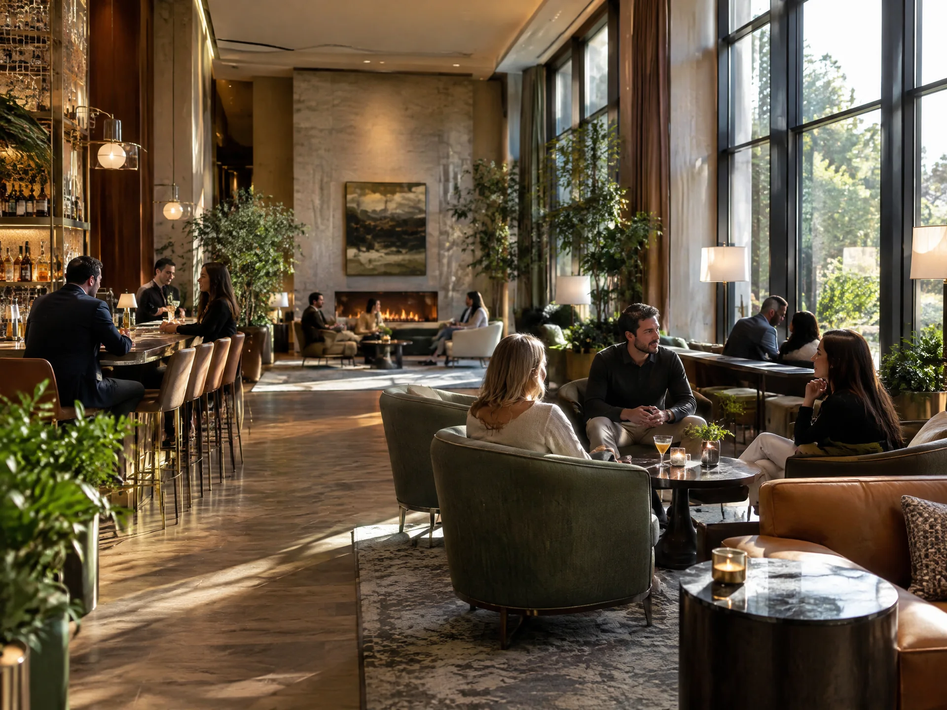 Guests seated in a hotel lounge