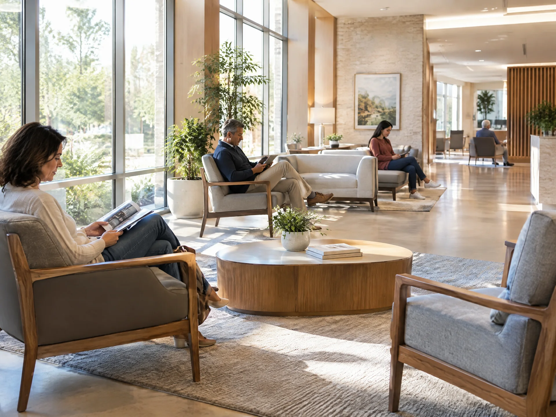 Families and patients reading in a bright practice lounge