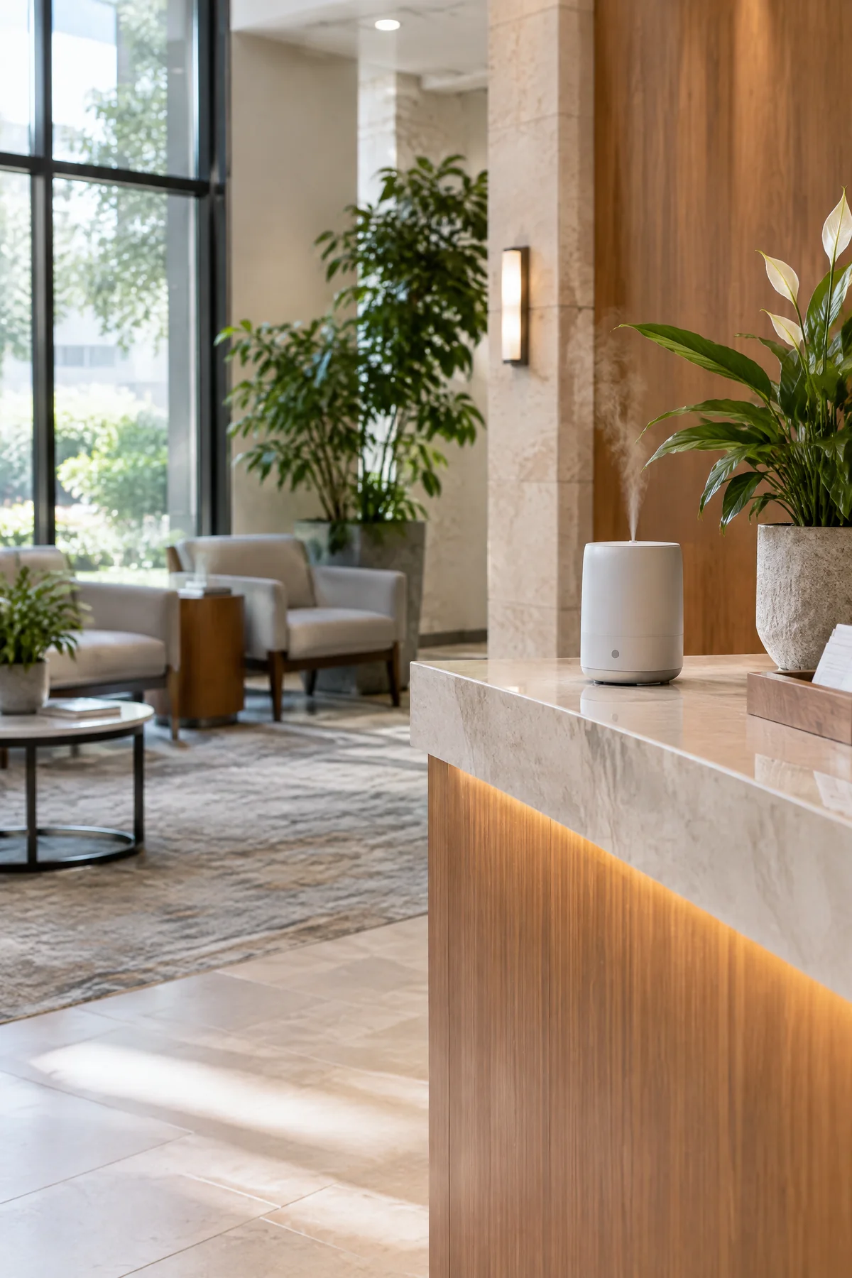 Scent diffuser set up in a medical waiting room during a free trial