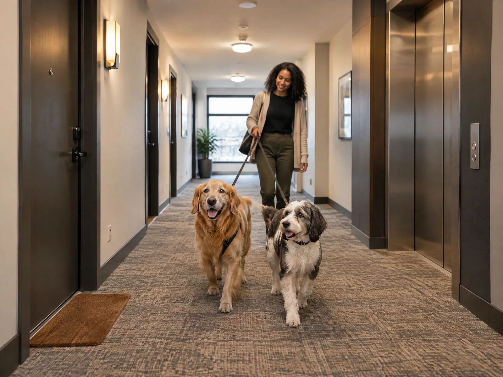 Two dogs walking through an apartment corridor