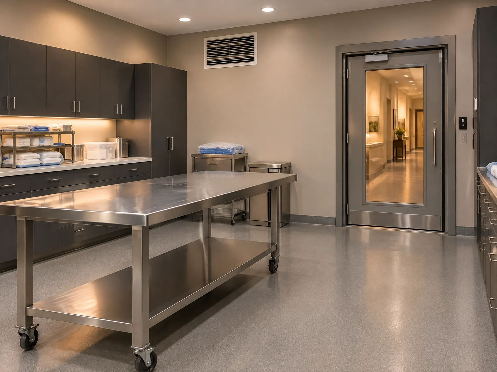 Clean funeral home embalming studio with ventilation and a sealed doorway