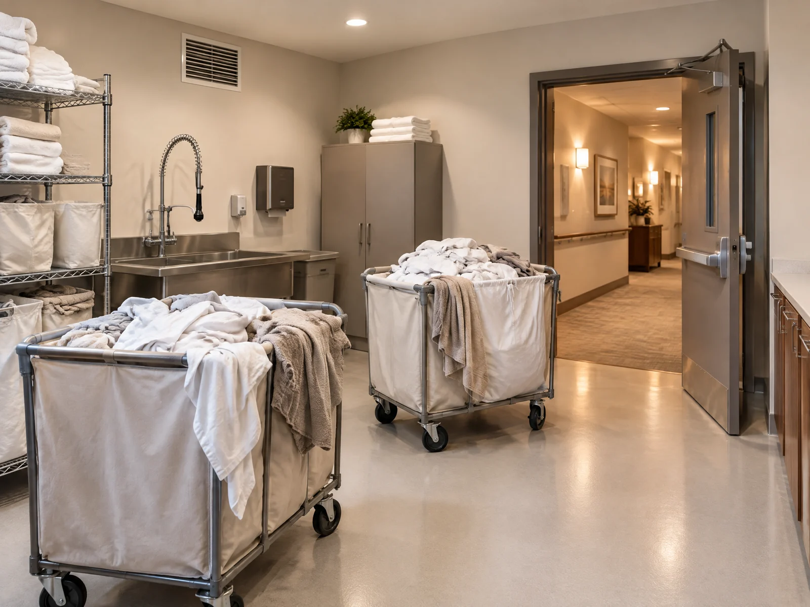 Soiled linen carts in a senior living laundry room