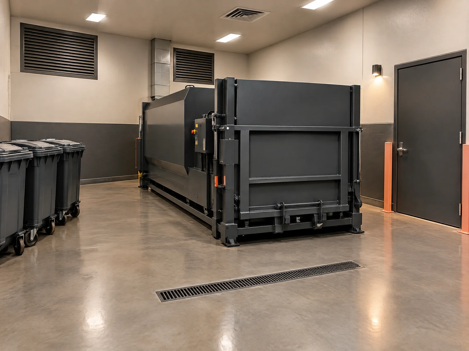 Indoor trash compactor in a ventilated commercial service room