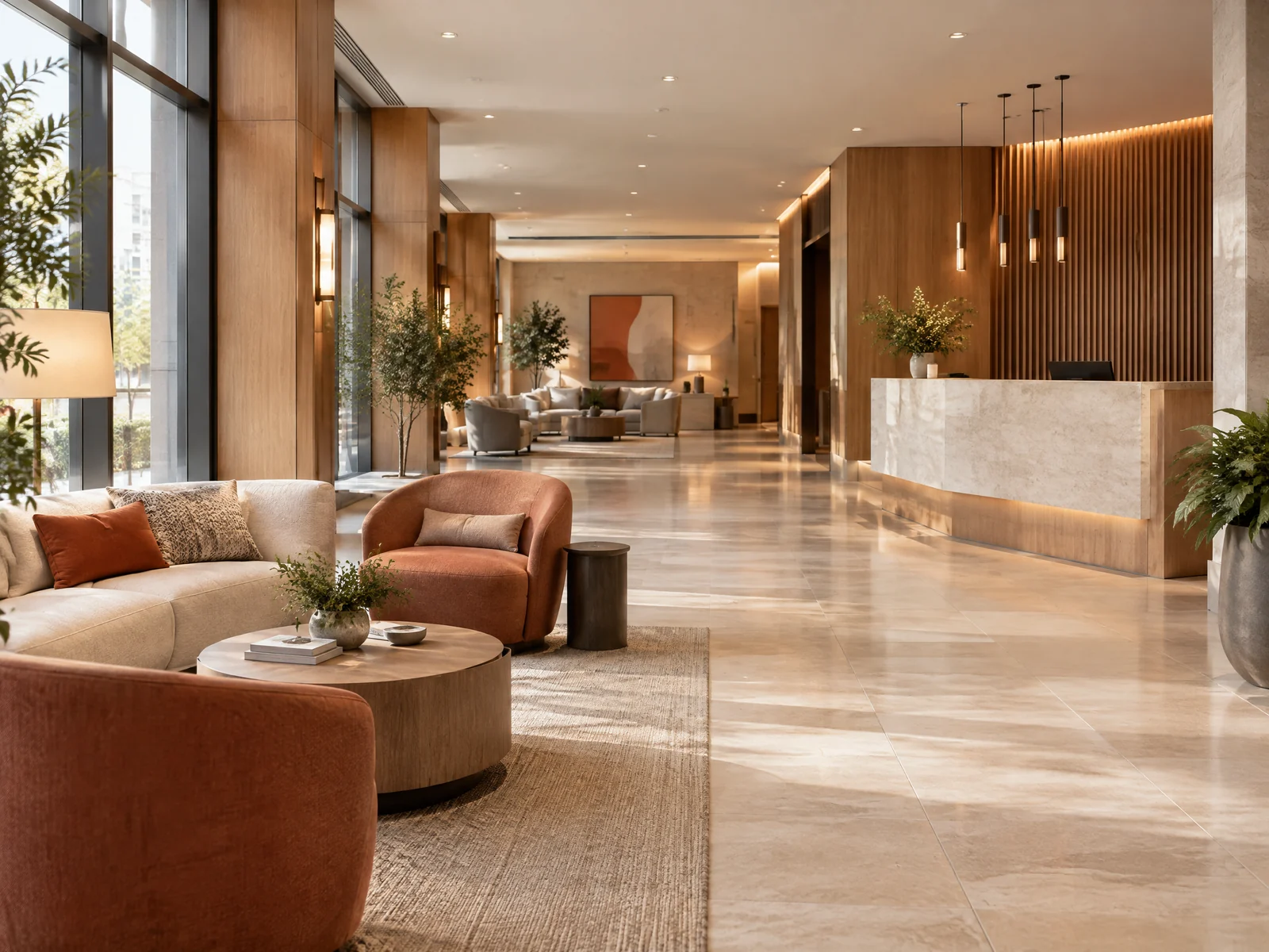 Bright commercial lobby with warm finishes and guest seating