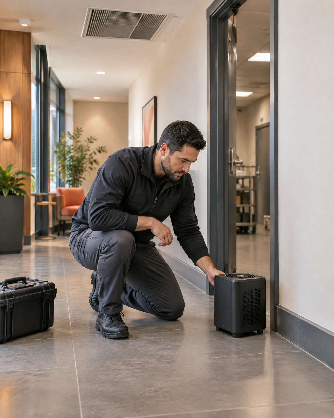 Facility professional setting up an odor-control diffuser for a seven-day demo