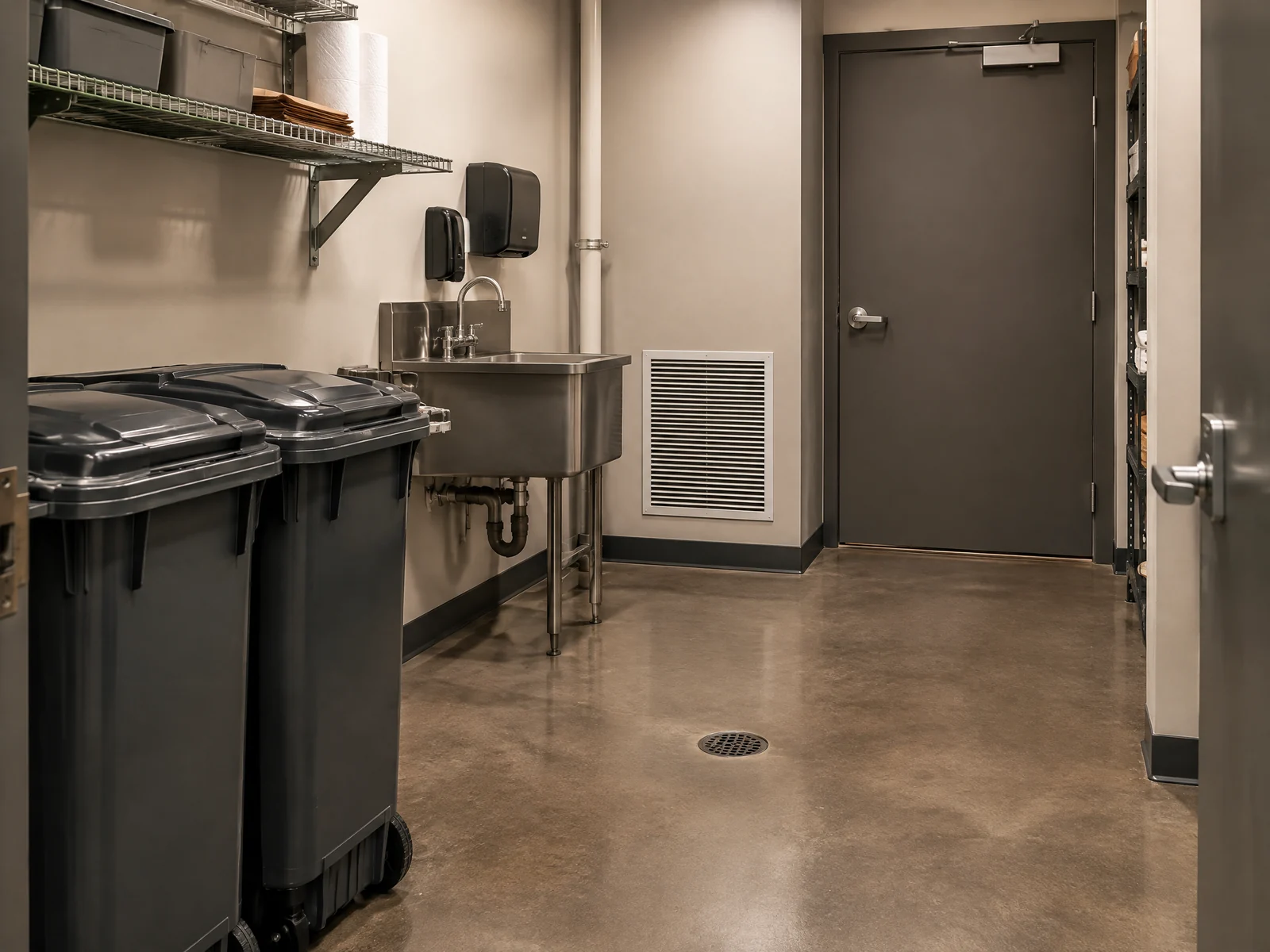 Back-of-house waste room with sealed bins, drain, and ventilation