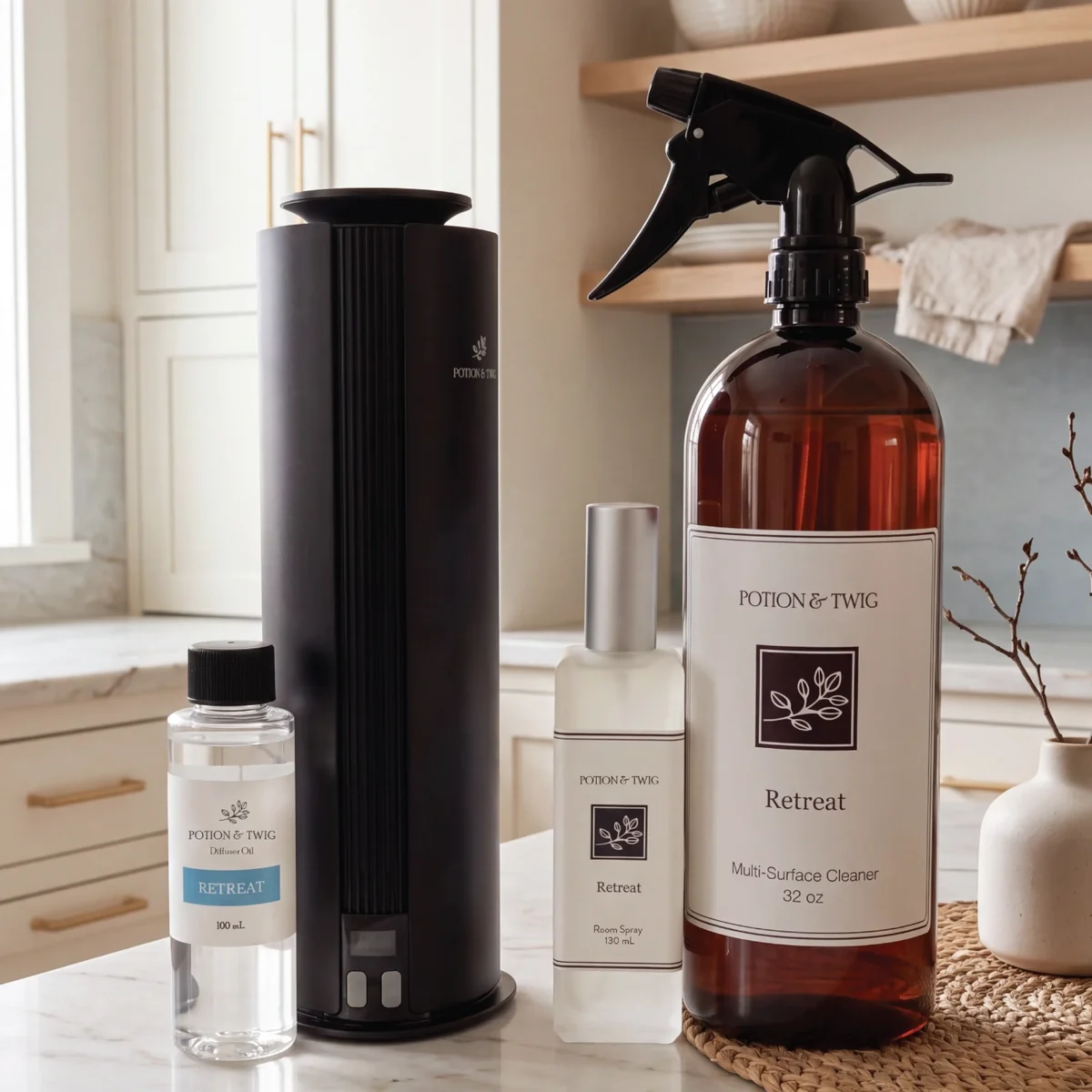 Potion & Twig home diffuser, fragrance oil, room spray and hand soap on a kitchen counter