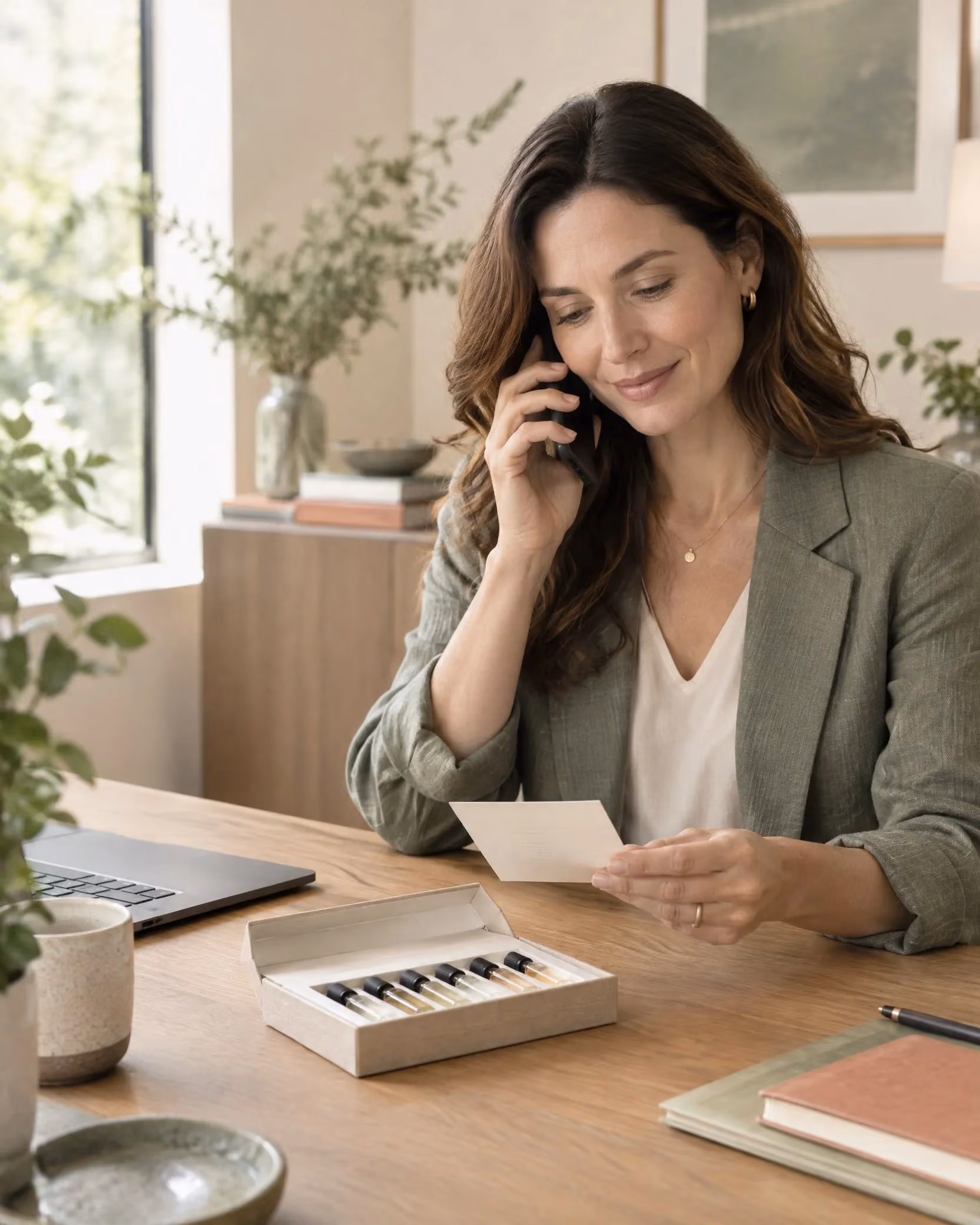 A customer support specialist speaking by phone while reviewing fragrance samples.