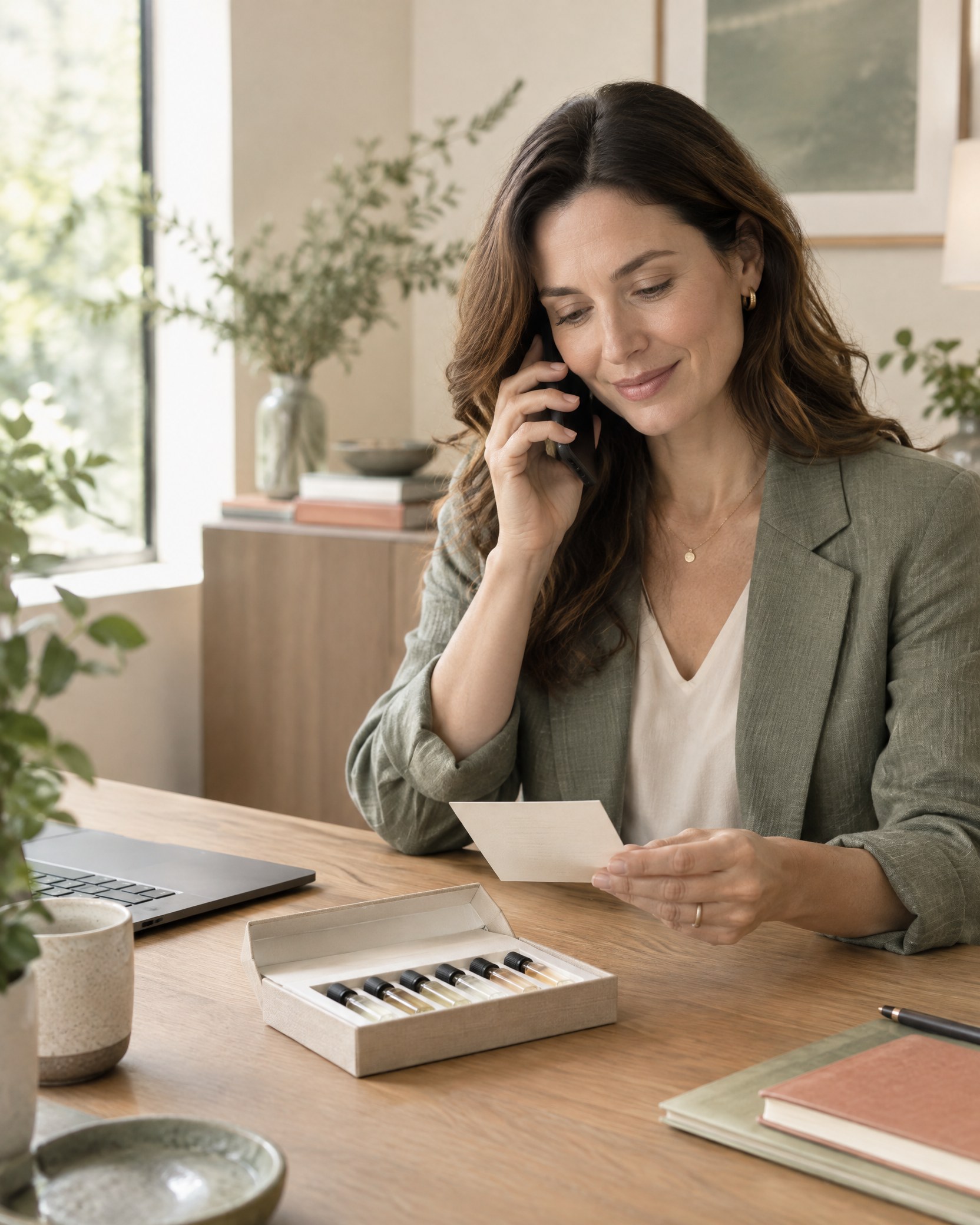 A customer support specialist speaking by phone while reviewing fragrance samples.
